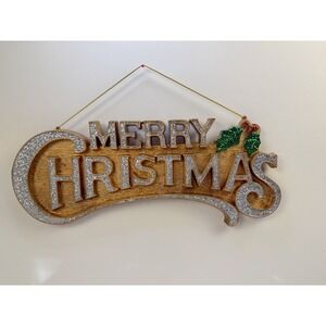 Vintage 1980's Plastic Merry Christmas Silver and Gold Hanging Sign 14 1/2"